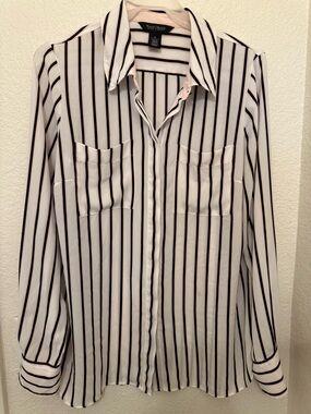 White House Black Market Pink and Black Striped Blouse